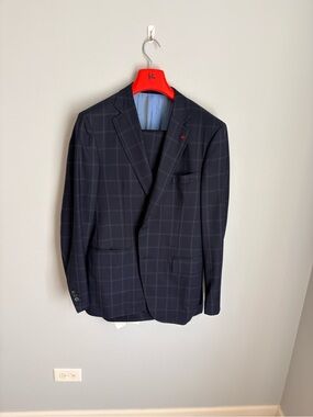 Isaia Navy Windowpane Check Sport Coat.